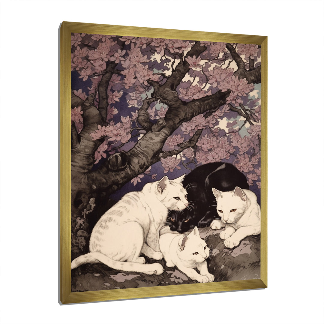 White Cats And Black Cat Sleeping Under Tree - Cat Living Room Wall Art