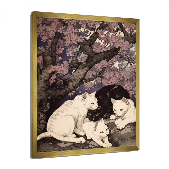 White Cats And Black Cat Sleeping Under Tree - Cat Living Room Wall Art