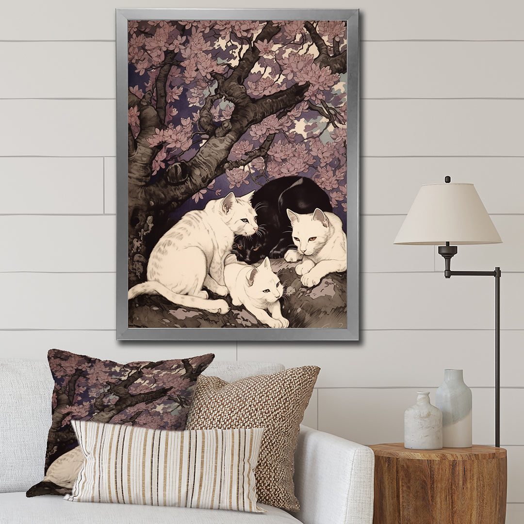 White Cats And Black Cat Sleeping Under Tree - Cat Living Room Wall Art