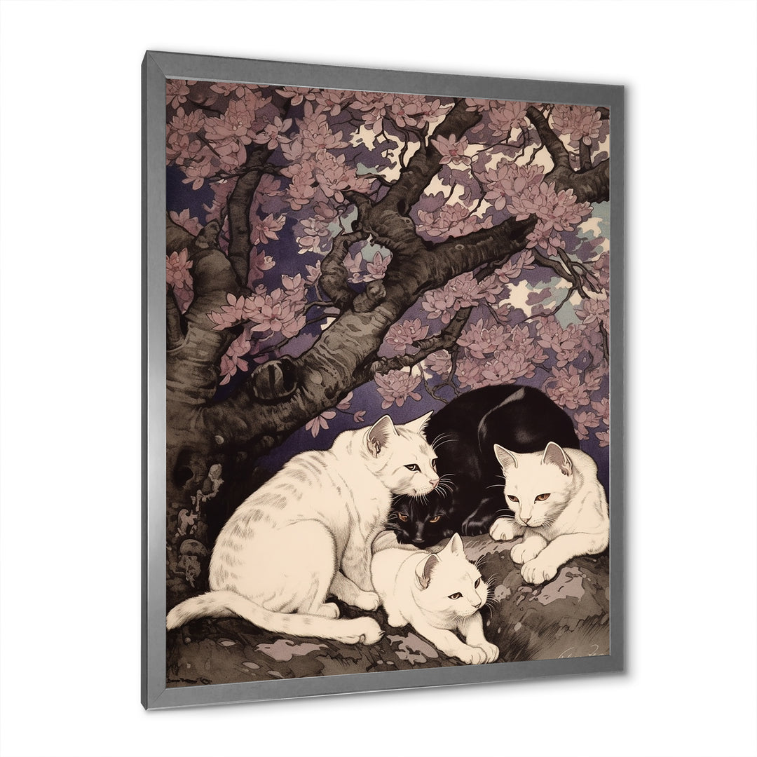 White Cats And Black Cat Sleeping Under Tree - Cat Living Room Wall Art