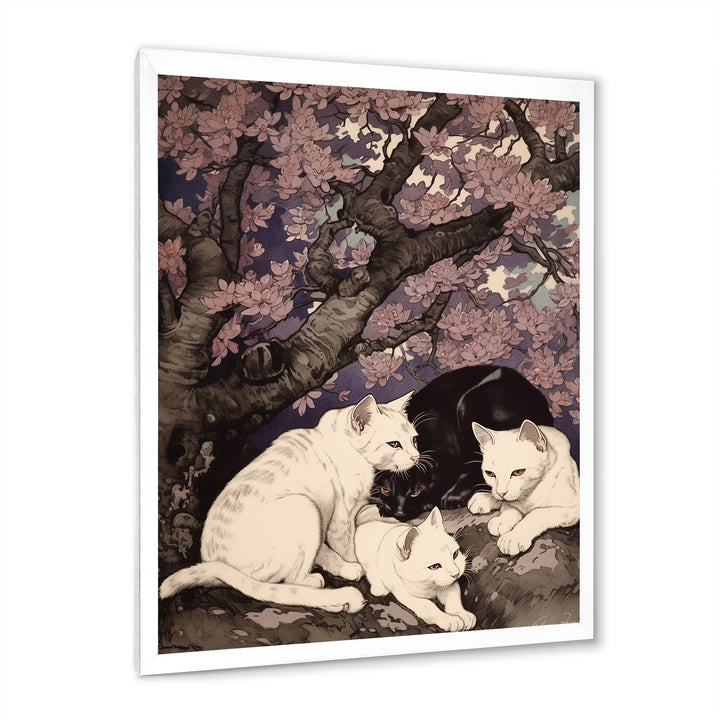 White Cats And Black Cat Sleeping Under Tree - Cat Living Room Wall Art