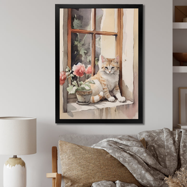 White Cat Sitting On Windowsill Watercolor - Cat Bedroom Wall Art