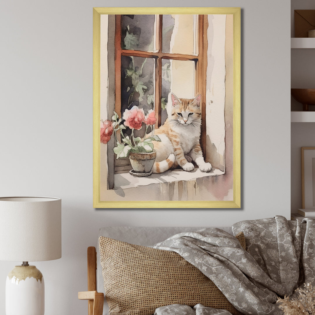 White Cat Sitting On Windowsill Watercolor - Cat Bedroom Wall Art