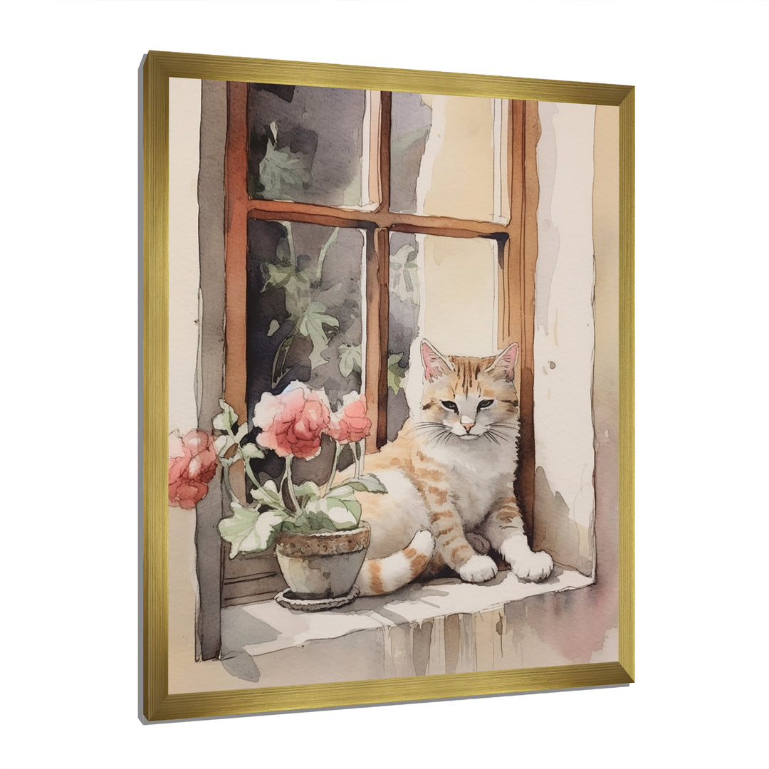 White Cat Sitting On Windowsill Watercolor - Cat Bedroom Wall Art