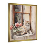 White Cat Sitting On Windowsill Watercolor - Cat Bedroom Wall Art