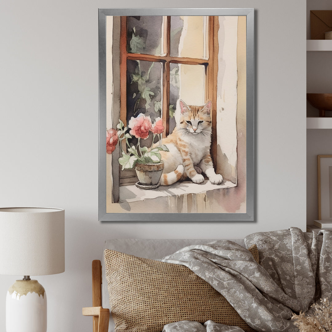 White Cat Sitting On Windowsill Watercolor - Cat Bedroom Wall Art