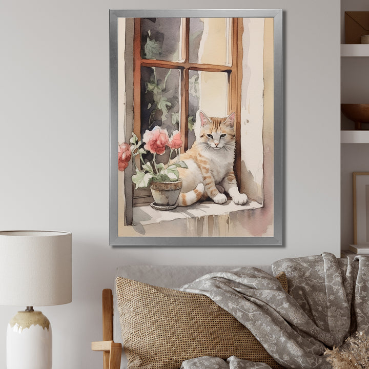 White Cat Sitting On Windowsill Watercolor - Cat Bedroom Wall Art