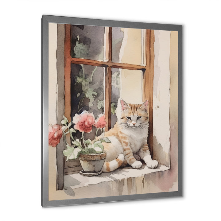 White Cat Sitting On Windowsill Watercolor - Cat Bedroom Wall Art