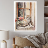 White Cat Sitting On Windowsill Watercolor - Cat Bedroom Wall Art