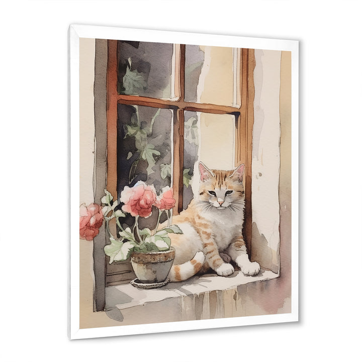 White Cat Sitting On Windowsill Watercolor - Cat Bedroom Wall Art