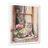 White Cat Sitting On Windowsill Watercolor - Cat Bedroom Wall Art