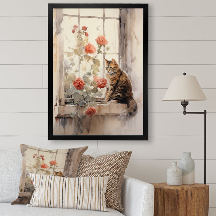 Brown Cat Sitting On Windowsill Watercolor - Cat Canvas Wall Art
