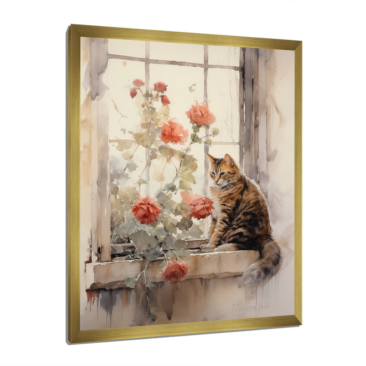 Brown Cat Sitting On Windowsill Watercolor - Cat Canvas Wall Art