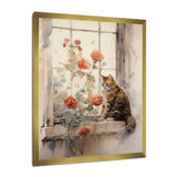 Brown Cat Sitting On Windowsill Watercolor - Cat Canvas Wall Art
