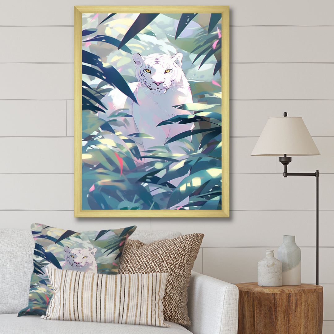 White Cougar In Tropical Jungle - Blue Leopard Wall Art