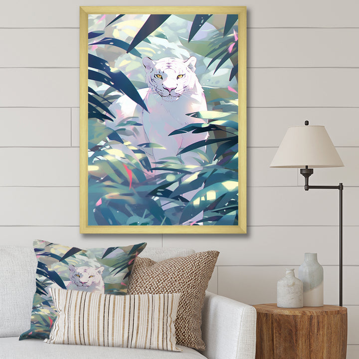 White Cougar In Tropical Jungle - Blue Leopard Wall Art