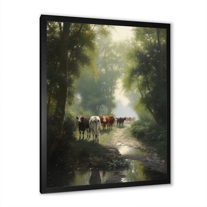 Cattle Cows Walking Near A Pond Rural Scene - Cow Large Canvas Wall Art