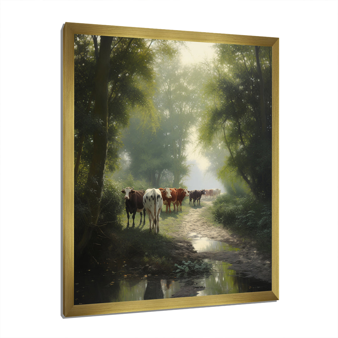 Cattle Cows Walking Near A Pond Rural Scene - Cow Large Canvas Wall Art
