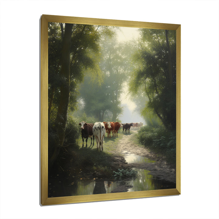 Cattle Cows Walking Near A Pond Rural Scene - Cow Large Canvas Wall Art