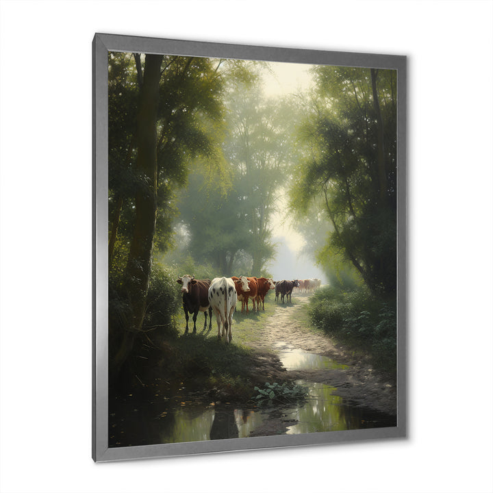 Cattle Cows Walking Near A Pond Rural Scene - Cow Large Canvas Wall Art