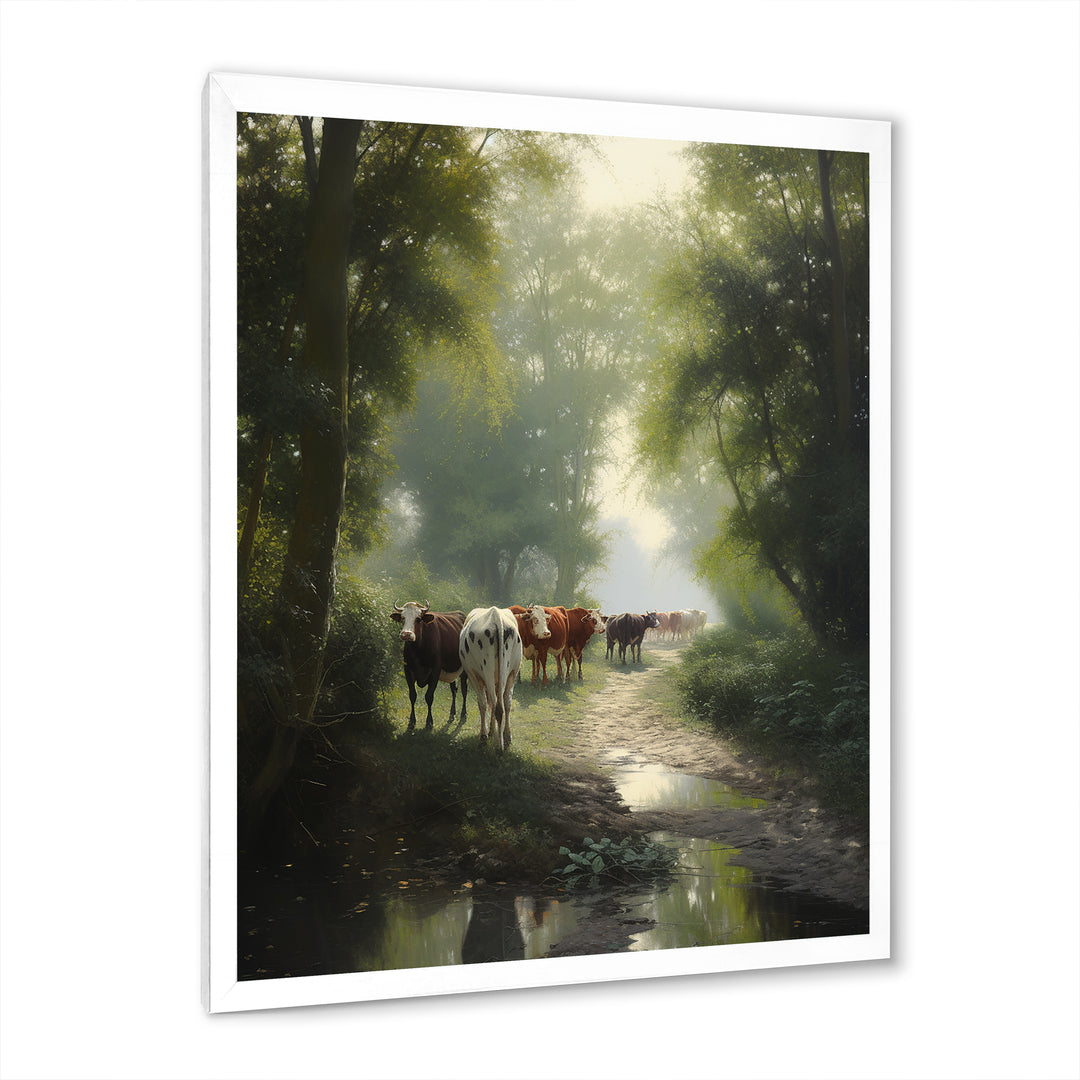 Cattle Cows Walking Near A Pond Rural Scene - Cow Large Canvas Wall Art