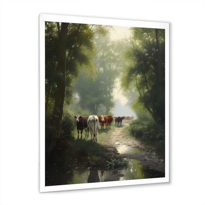 Cattle Cows Walking Near A Pond Rural Scene - Cow Large Canvas Wall Art