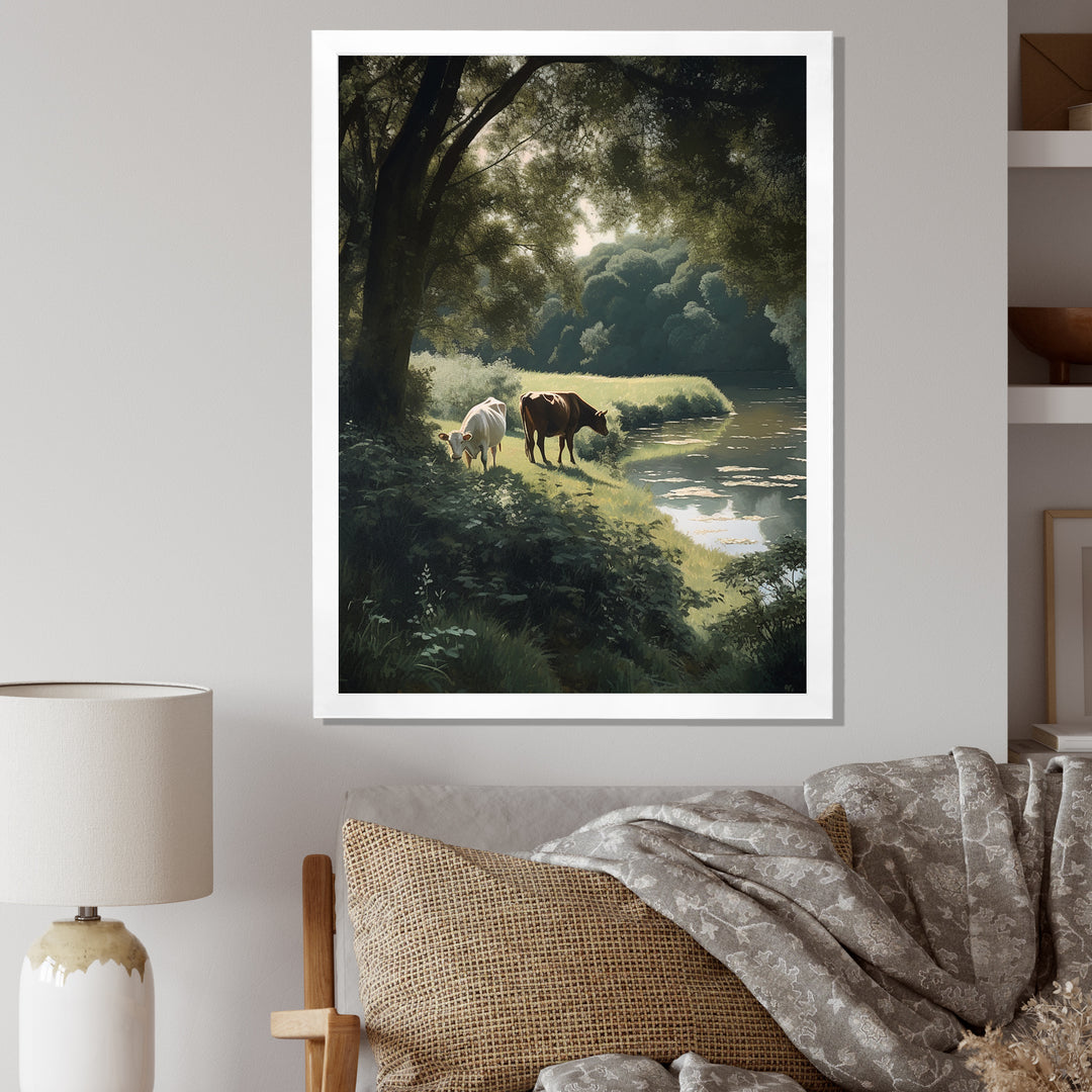 Cows Walking Near A Lake Rural Scene - Cow Living Room Wall Art