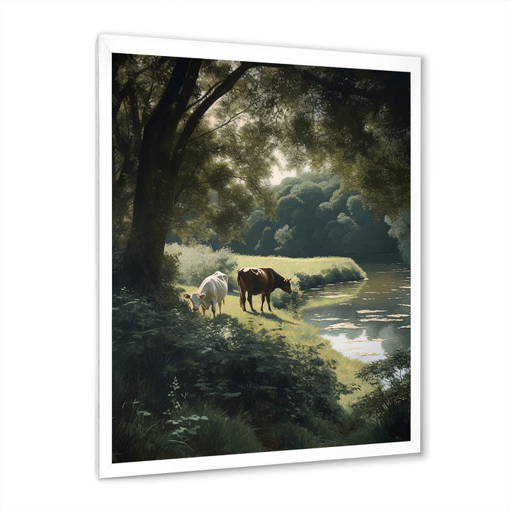 Cows Walking Near A Lake Rural Scene - Cow Living Room Wall Art