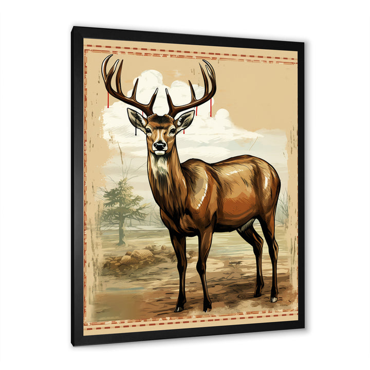 Majestic Deer Retro Illustration - Brown Deer Wall Art