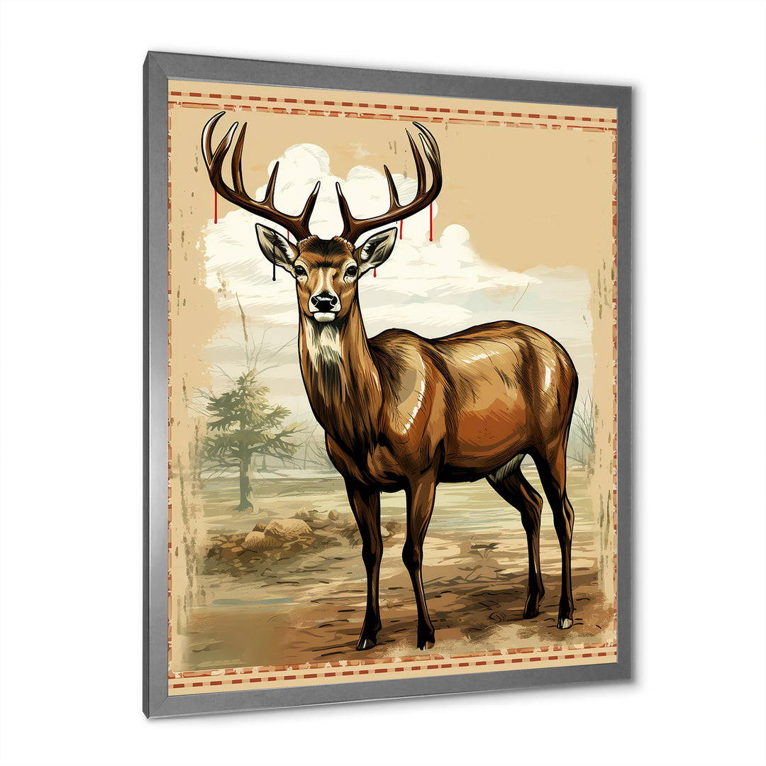 Majestic Deer Retro Illustration - Brown Deer Wall Art