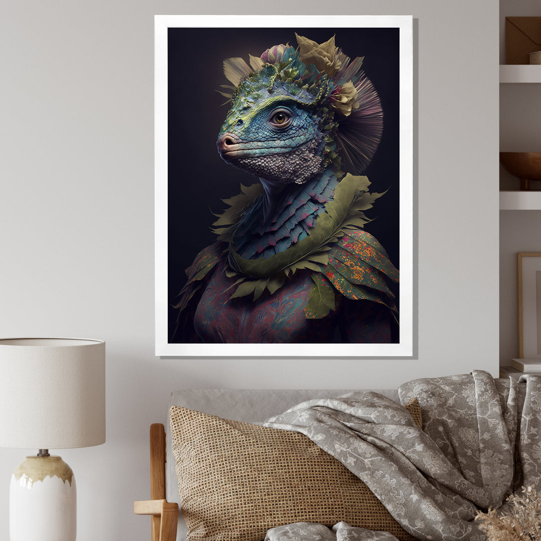 Blue Dino Wearing Reptile Suit - Dinosaur Framed Canvas Art