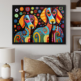 Portrait Of Two Dachshund Retro Geometric - Dog Daschund Framed Canvas Art