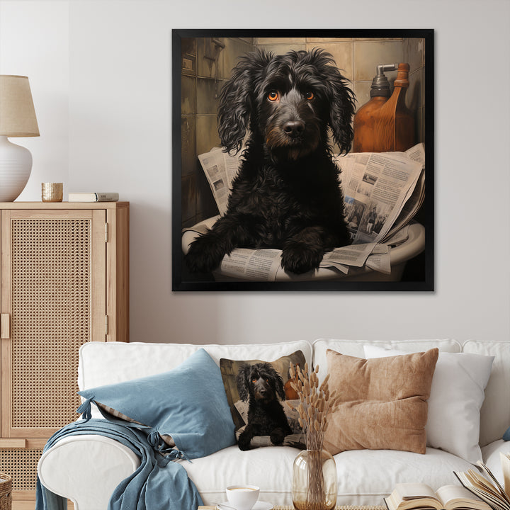 Dog Reading Newspaper On Toilet - Dog Wall Decor