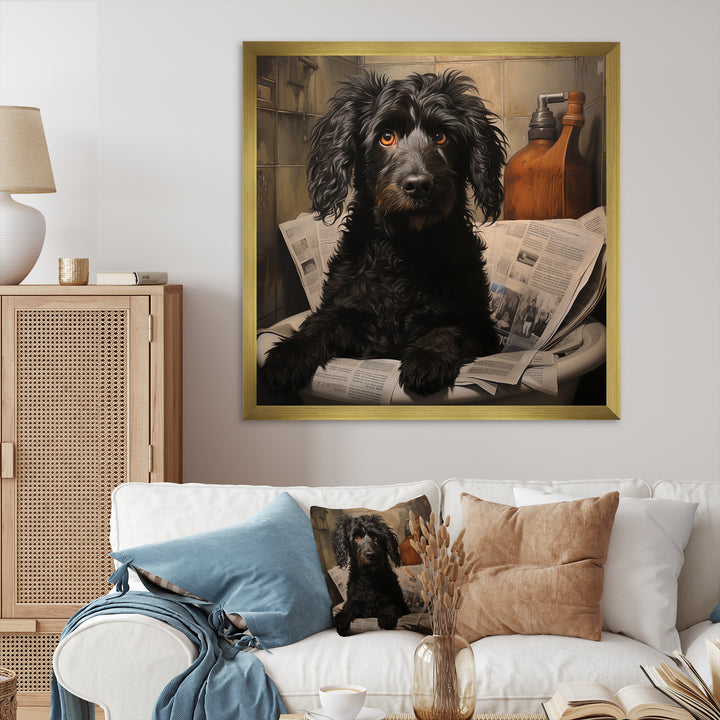 Dog Reading Newspaper On Toilet - Dog Wall Decor