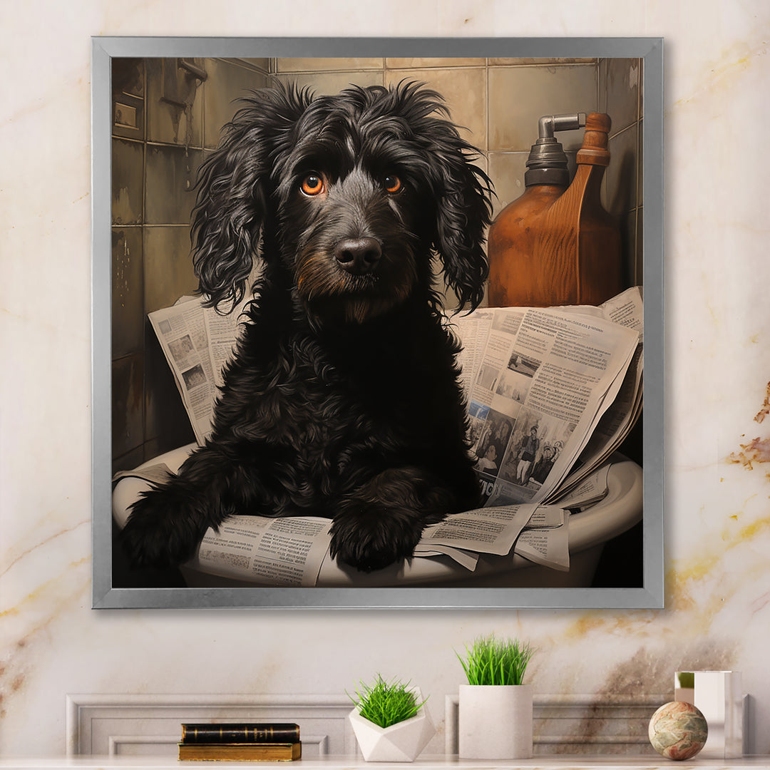 Dog Reading Newspaper On Toilet - Dog Wall Decor