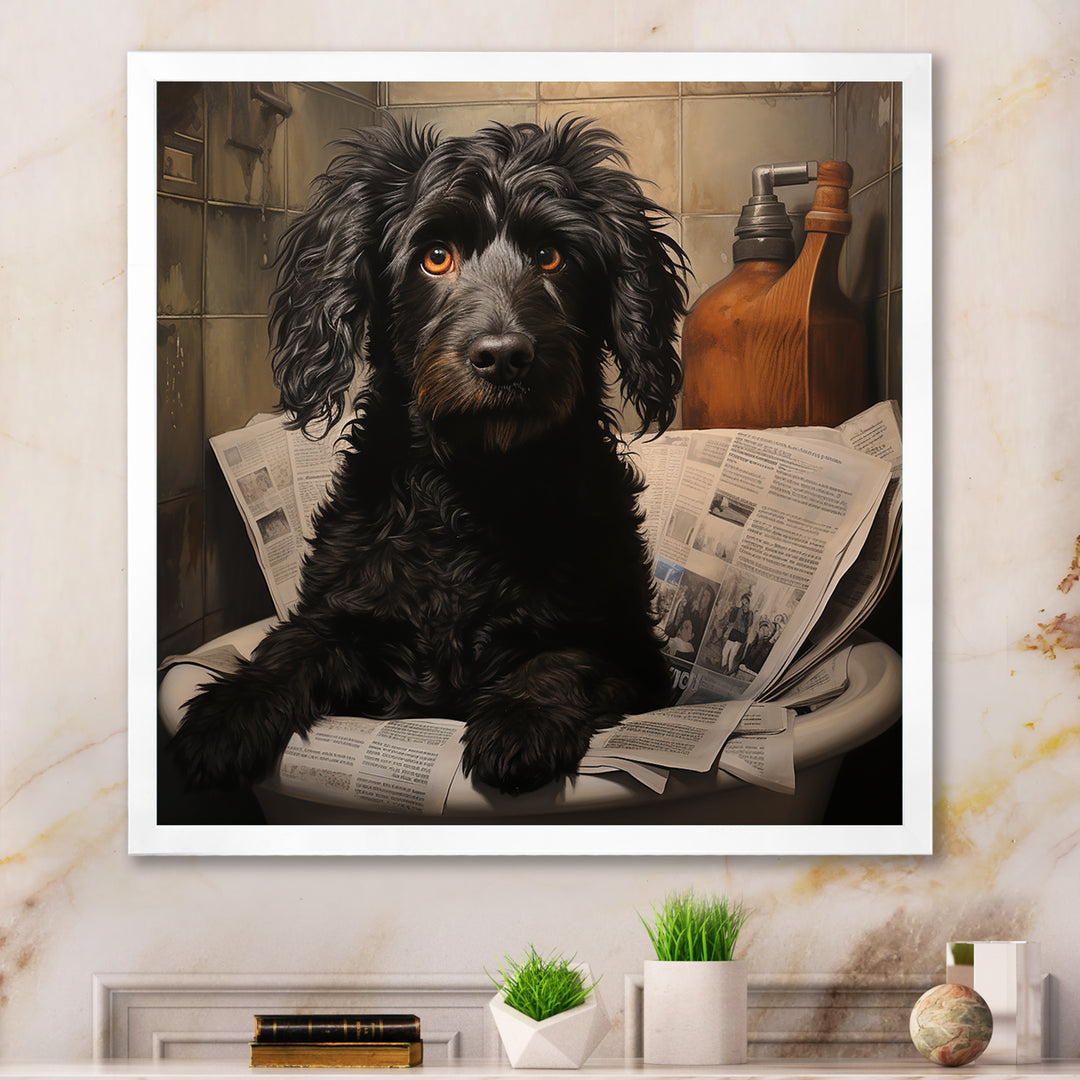Dog Reading Newspaper On Toilet - Dog Wall Decor