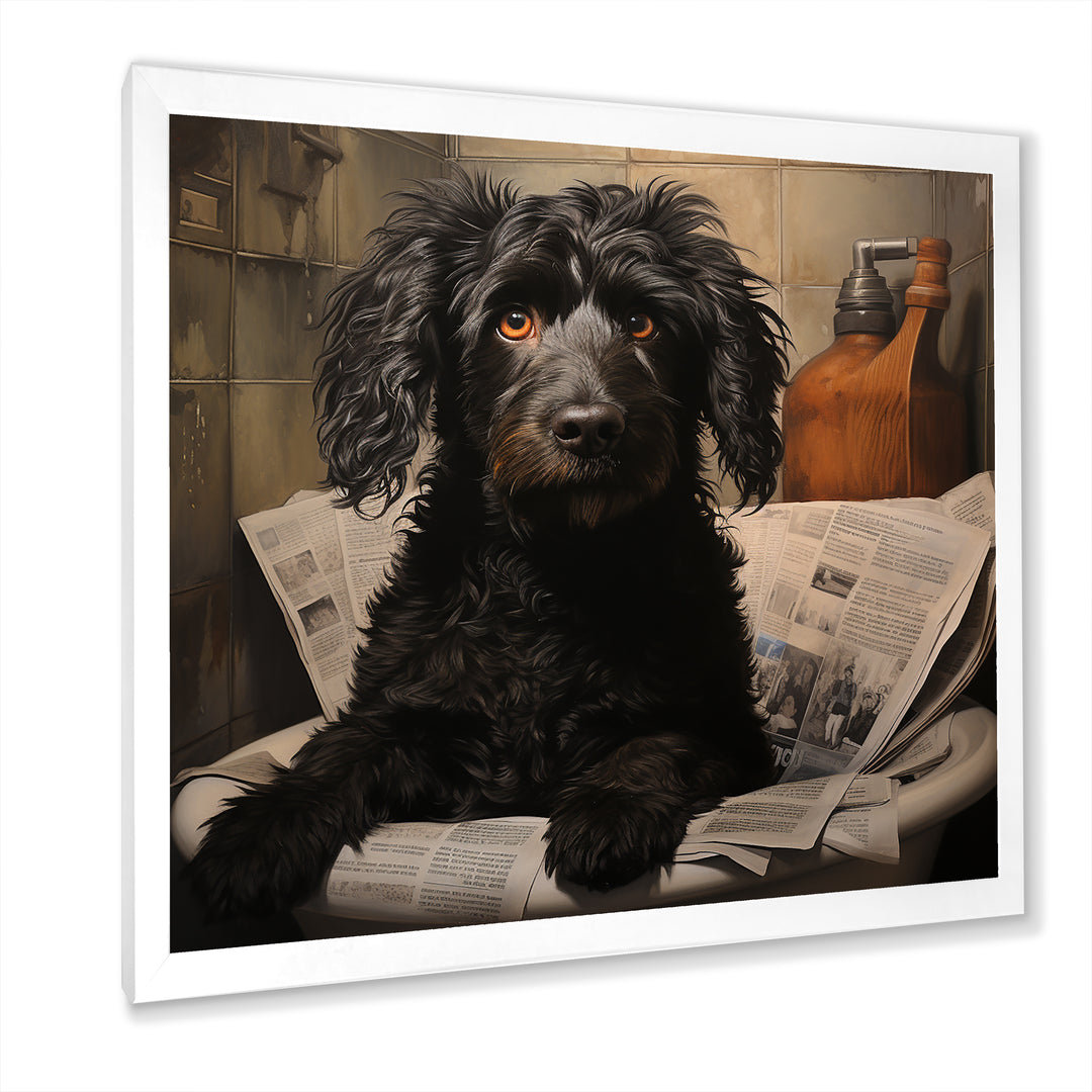 Dog Reading Newspaper On Toilet - Dog Wall Decor