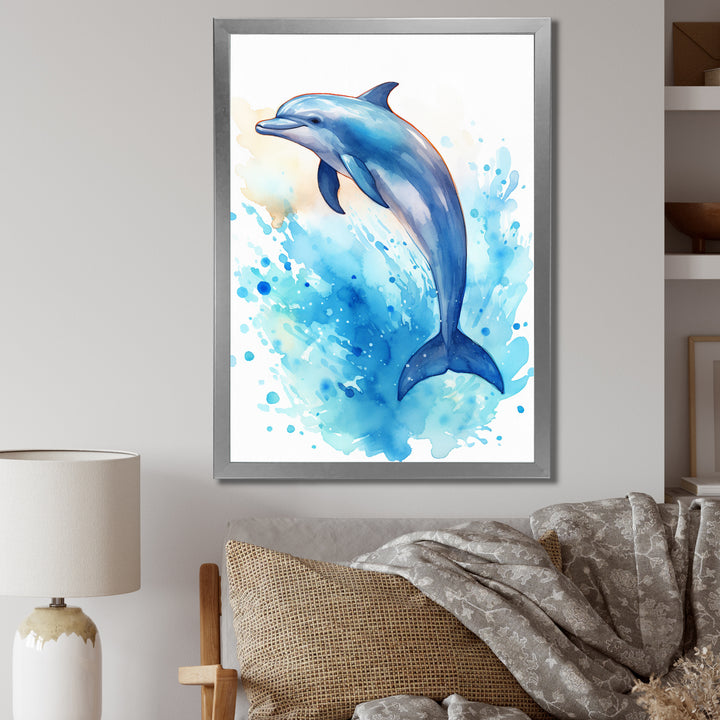 Cute Blue Dolphin Watercolor - Blue Dolphin Wall Art