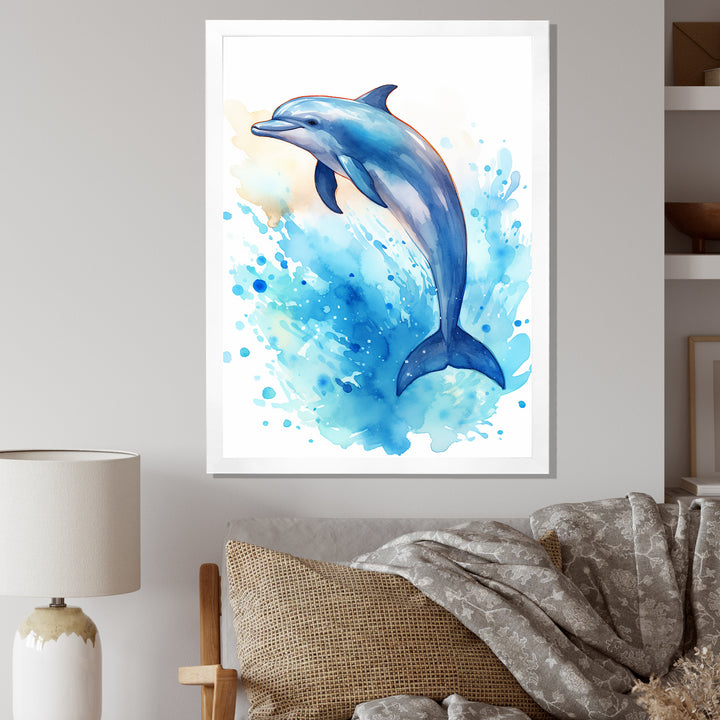 Cute Blue Dolphin Watercolor - Blue Dolphin Wall Art