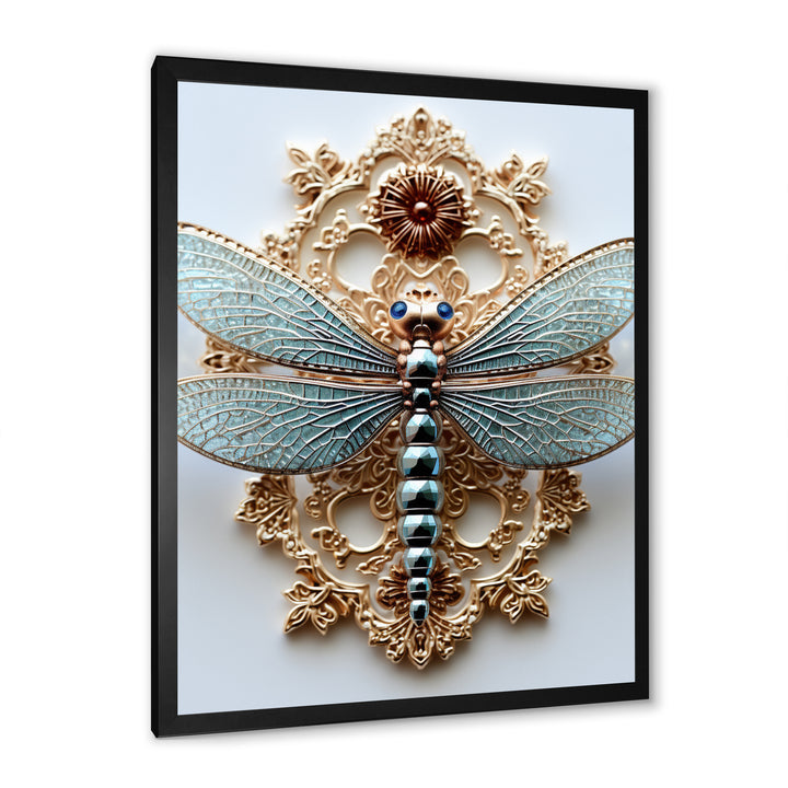 Blue Vintage Dragonfly On Gold - Dragonfly Canvas Wall Art