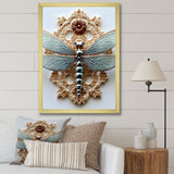 Blue Vintage Dragonfly On Gold - Dragonfly Canvas Wall Art