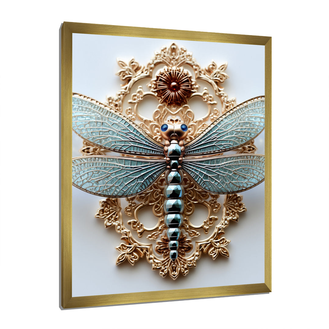 Blue Vintage Dragonfly On Gold - Dragonfly Canvas Wall Art