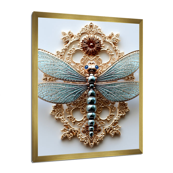 Blue Vintage Dragonfly On Gold - Dragonfly Canvas Wall Art