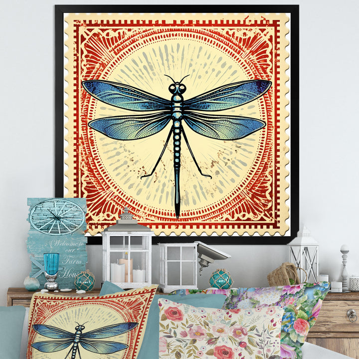Retro Stamp Illustration Of Blue Dragonfly - Dragonfly Canvas Wall Art