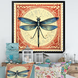 Retro Stamp Illustration Of Blue Dragonfly - Dragonfly Canvas Wall Art