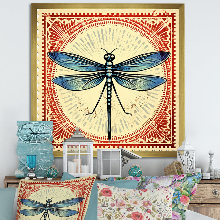 Retro Stamp Illustration Of Blue Dragonfly - Dragonfly Canvas Wall Art