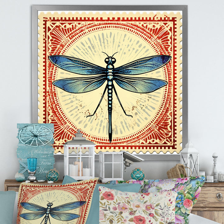 Retro Stamp Illustration Of Blue Dragonfly - Dragonfly Canvas Wall Art