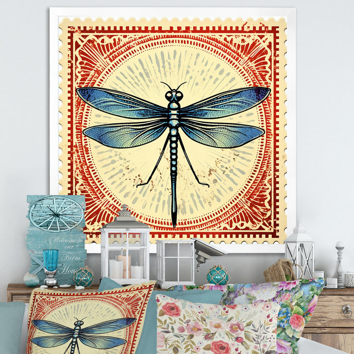 Retro Stamp Illustration Of Blue Dragonfly - Dragonfly Canvas Wall Art