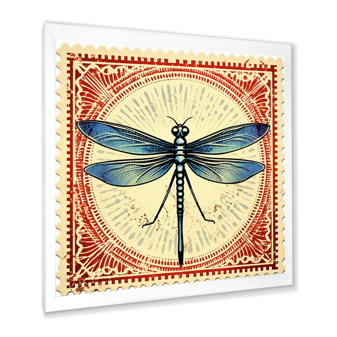 Retro Stamp Illustration Of Blue Dragonfly - Dragonfly Canvas Wall Art