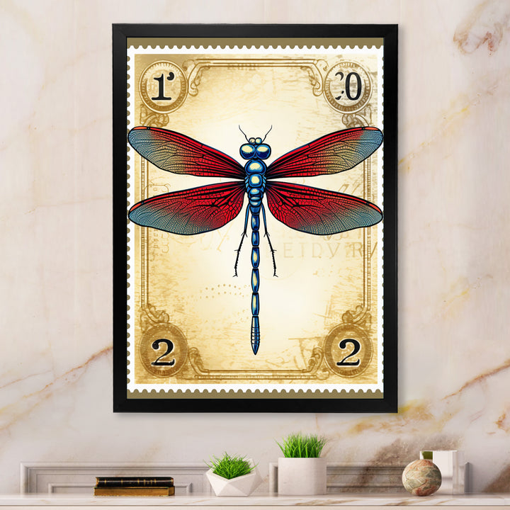 Retro Stamp Illustration Of Red Dragonfly - Blue Dragonfly Wall Art